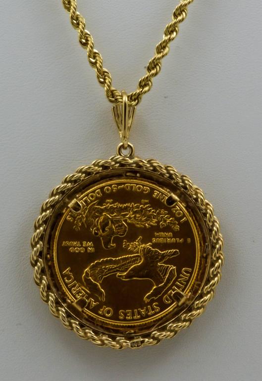 $50 Liberty 1 Ounce Gold Coin Pendant with Diamond Bezel at 1stdibs