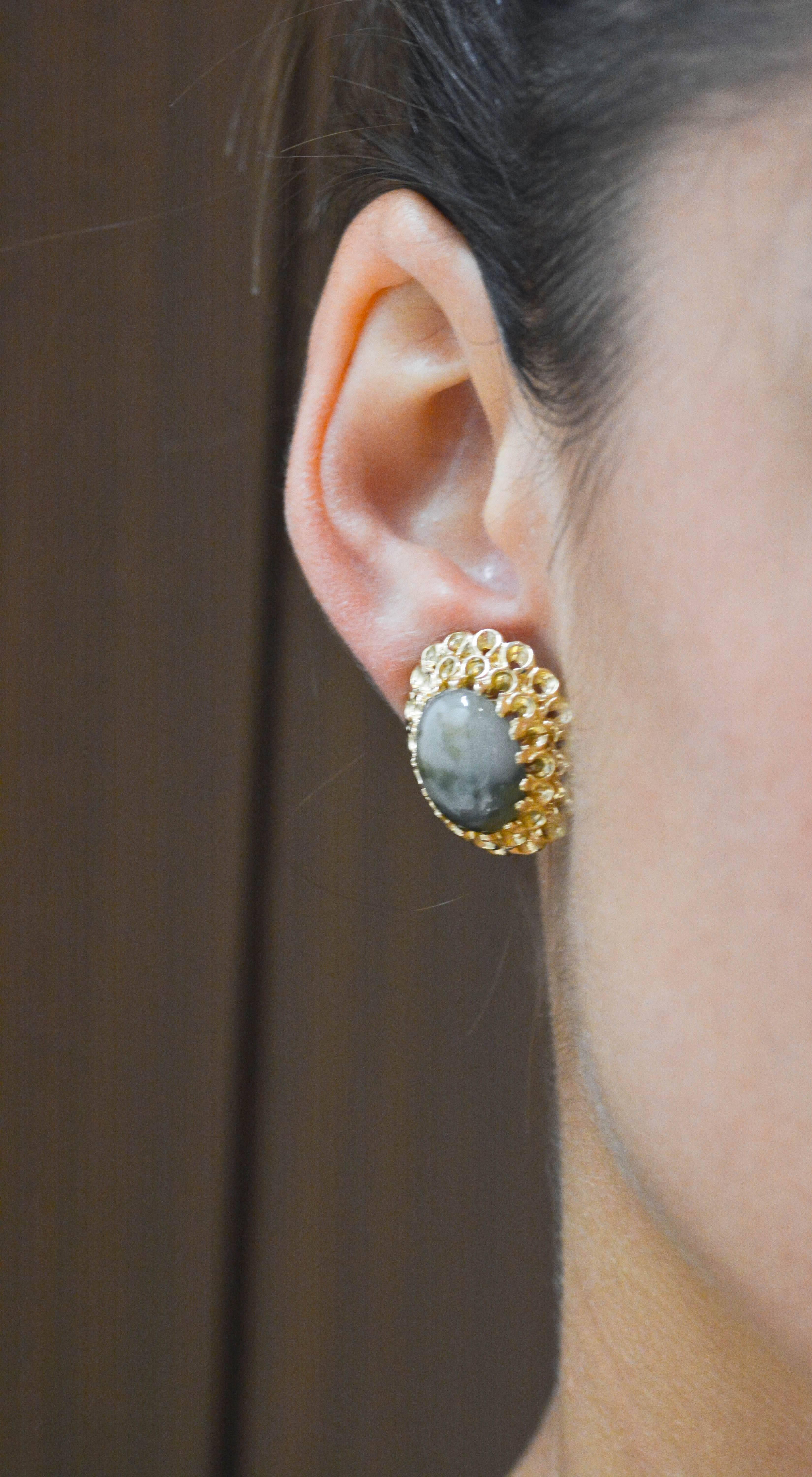 Cabochon Jade Gold Ruffle Clip Earrings 1