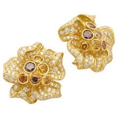 1980's Julius Cohen 18k Yellow Gold Boregaard Flower Diamond Earrings