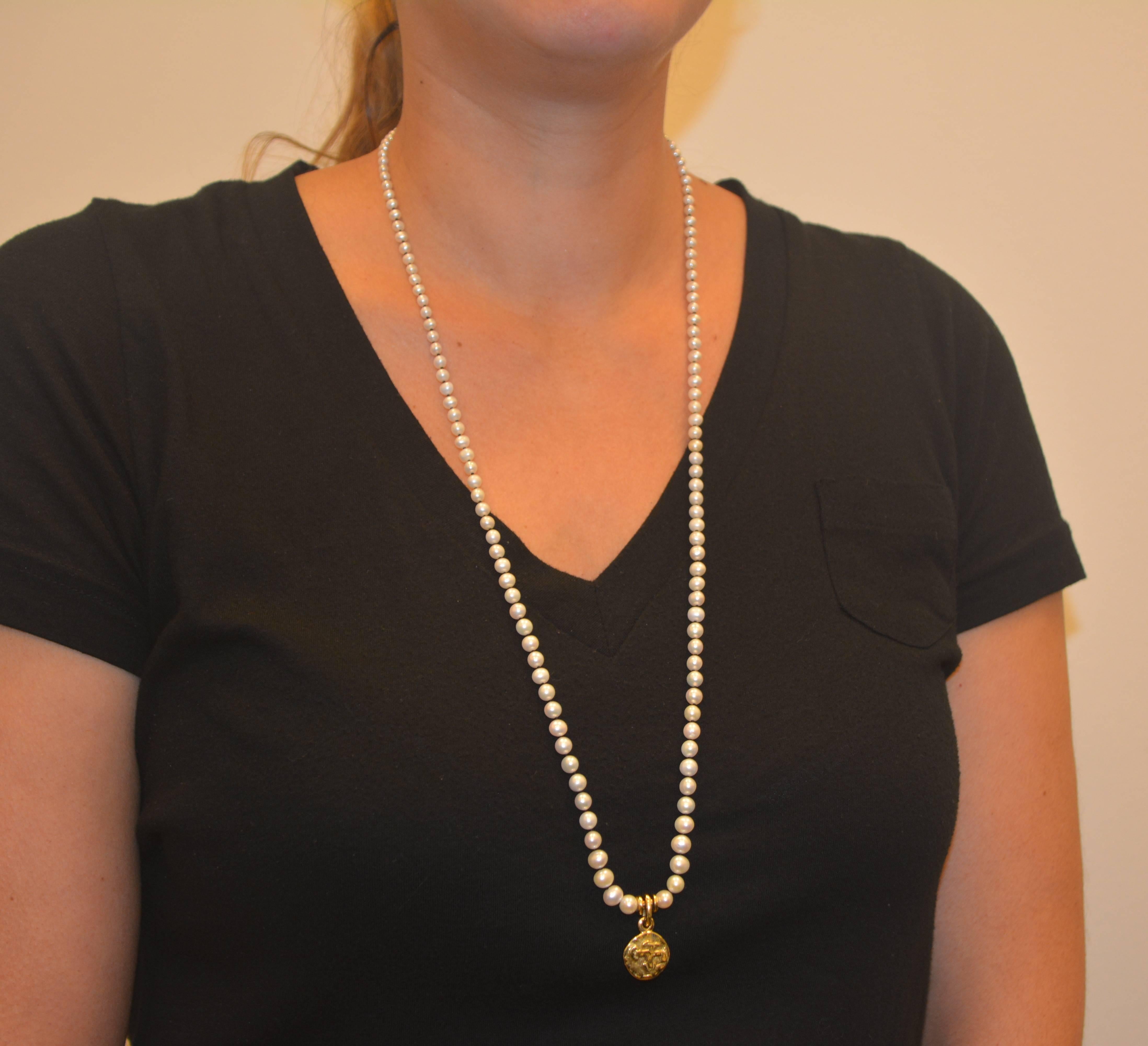 Women's or Men's Gold Pendant on Cultured Pearl Strand