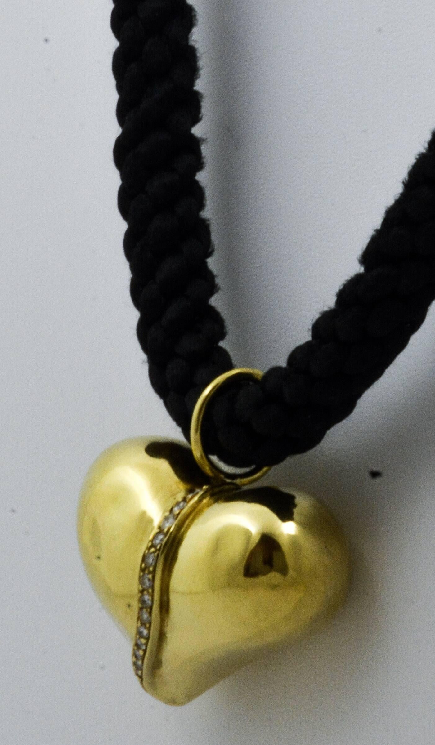 Contemporary Marlene Stowe Heart Diamond 18 Karat Gold Pendant on Braided Silk Cord