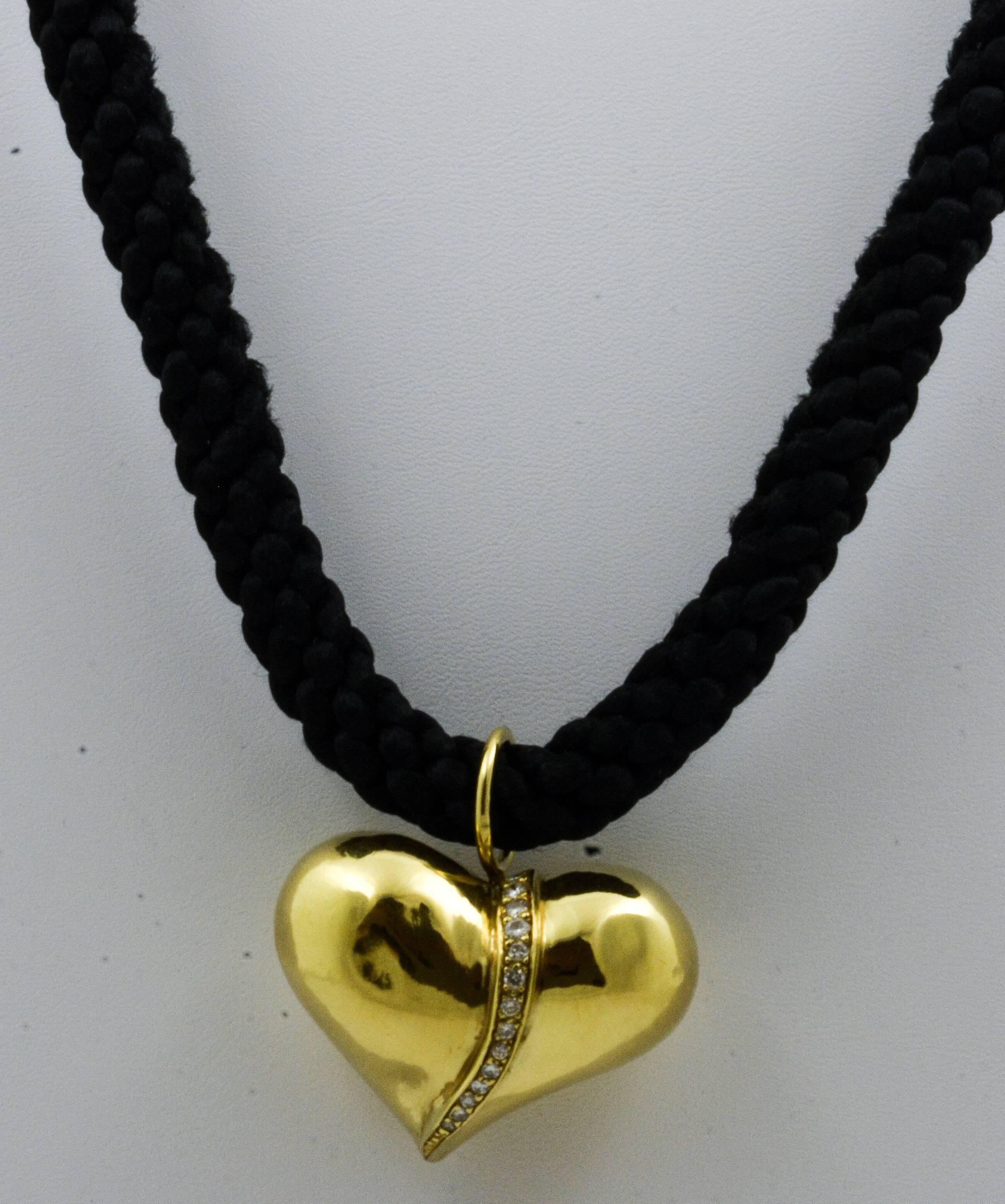 Marlene Stowe Heart Diamond 18 Karat Gold Pendant on Braided Silk Cord In Good Condition In Dallas, TX