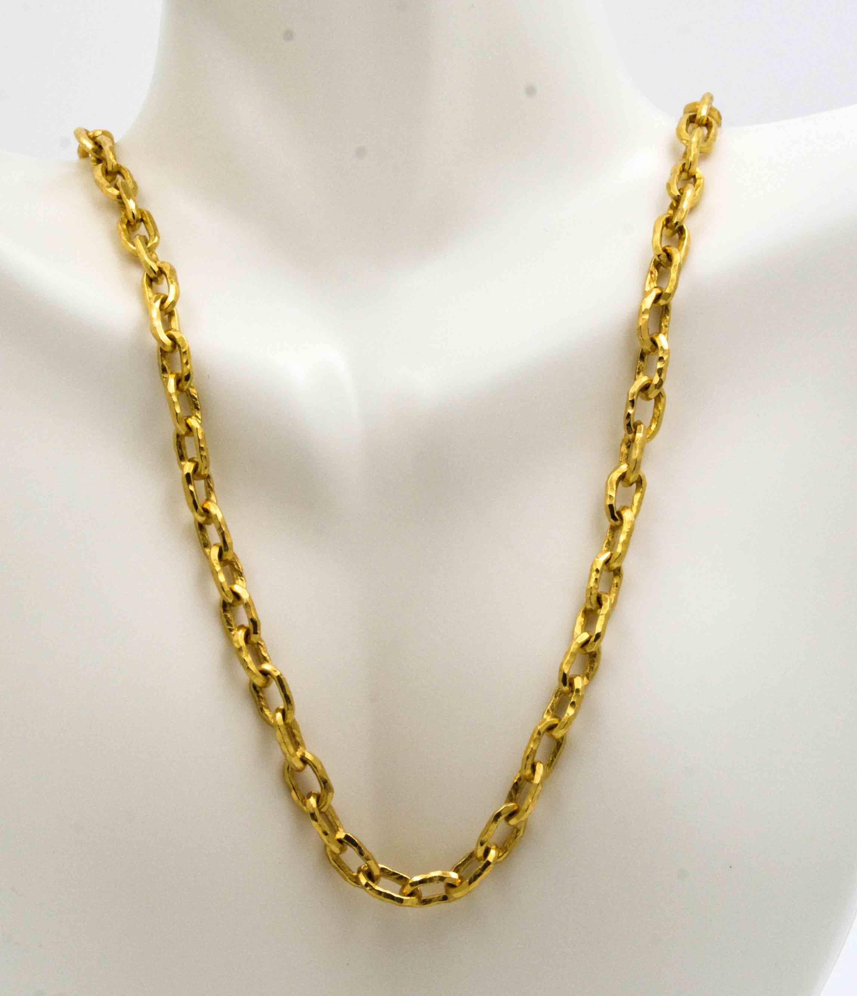 This classic Jean Mahie small cadene chain is 16 inches long and is finished in the classic Jean Mahie hammered texture. The links measure 9.15X5.15X1.62 mm. The chain features an attractive hook and eye clasp with a very functional figure 8 safety