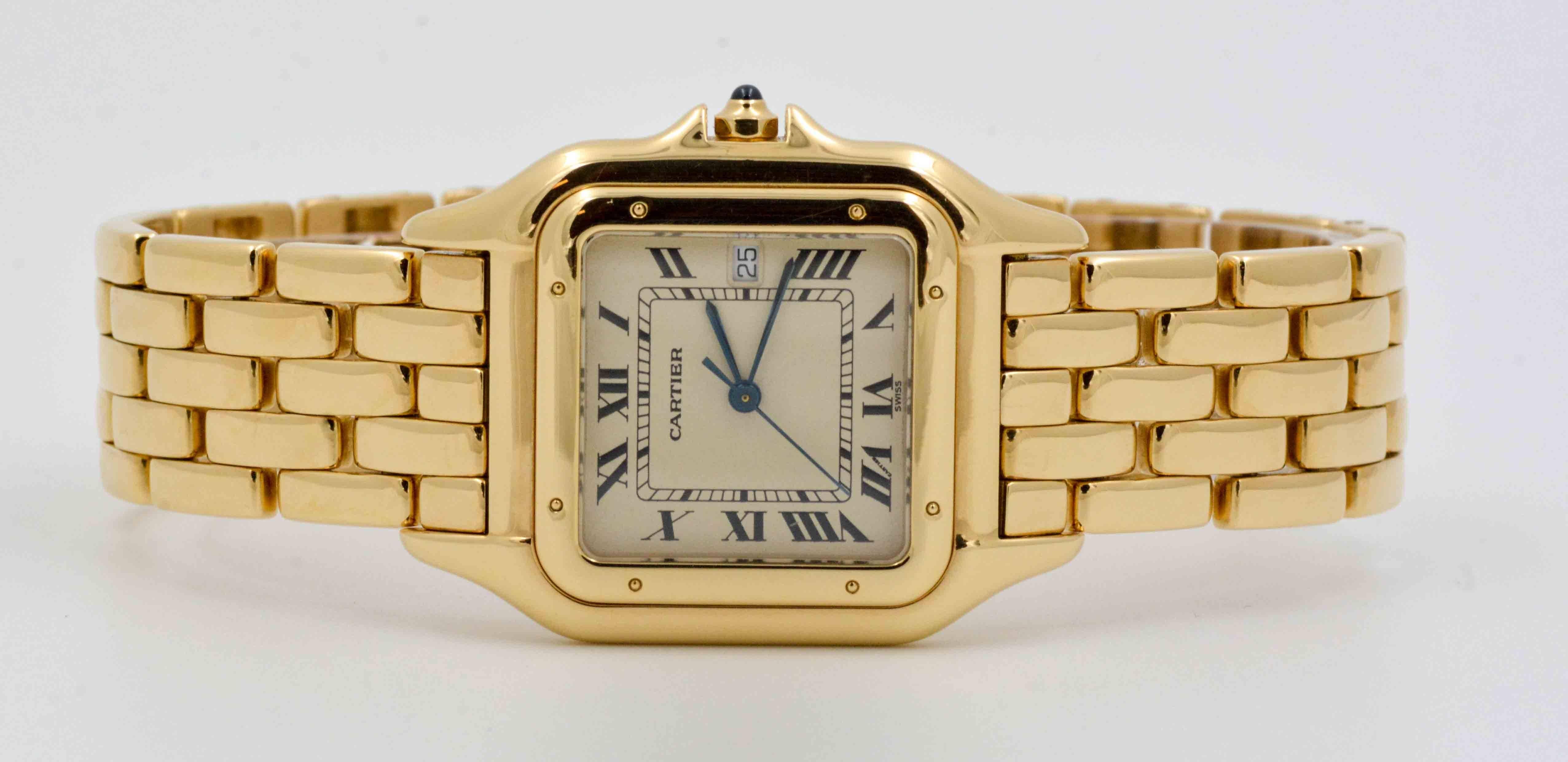 This certified pre-owned Cartier large Panthere watch has a 29 mm 18kt yellow gold case, white dial with Roman numerals, synthetic sapphire crystal, and a date window. An 18kt yellow gold band completes the stunning design. The timepiece has been