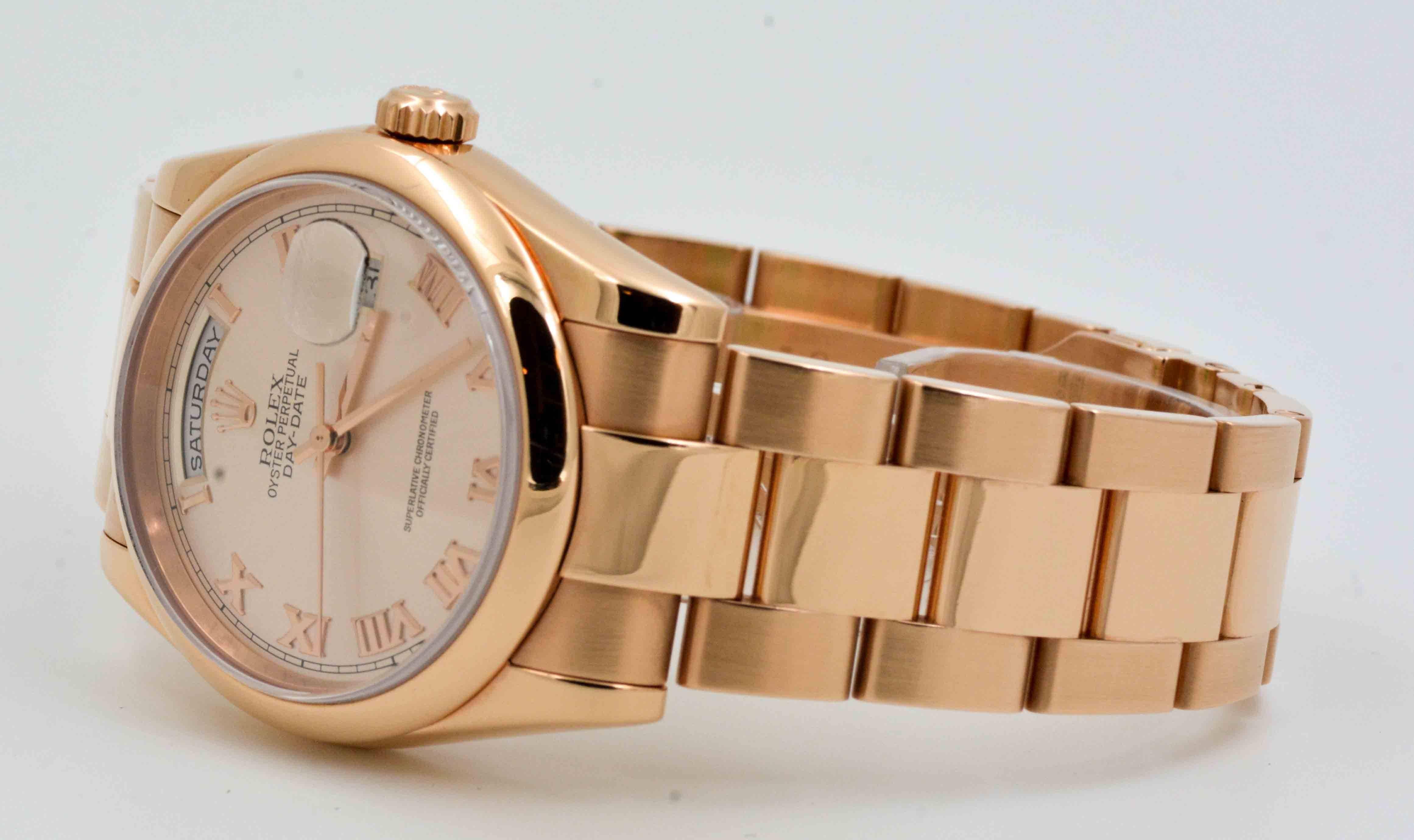 Classical styling, timeless form and function are found in this beautiful Presidential Rolex Day Date 36mm watch crafted in 18kt rose gold. Rolex used their classic domed bezel to frame the beautiful and timeless pink dial with Roman numerals. Rolex