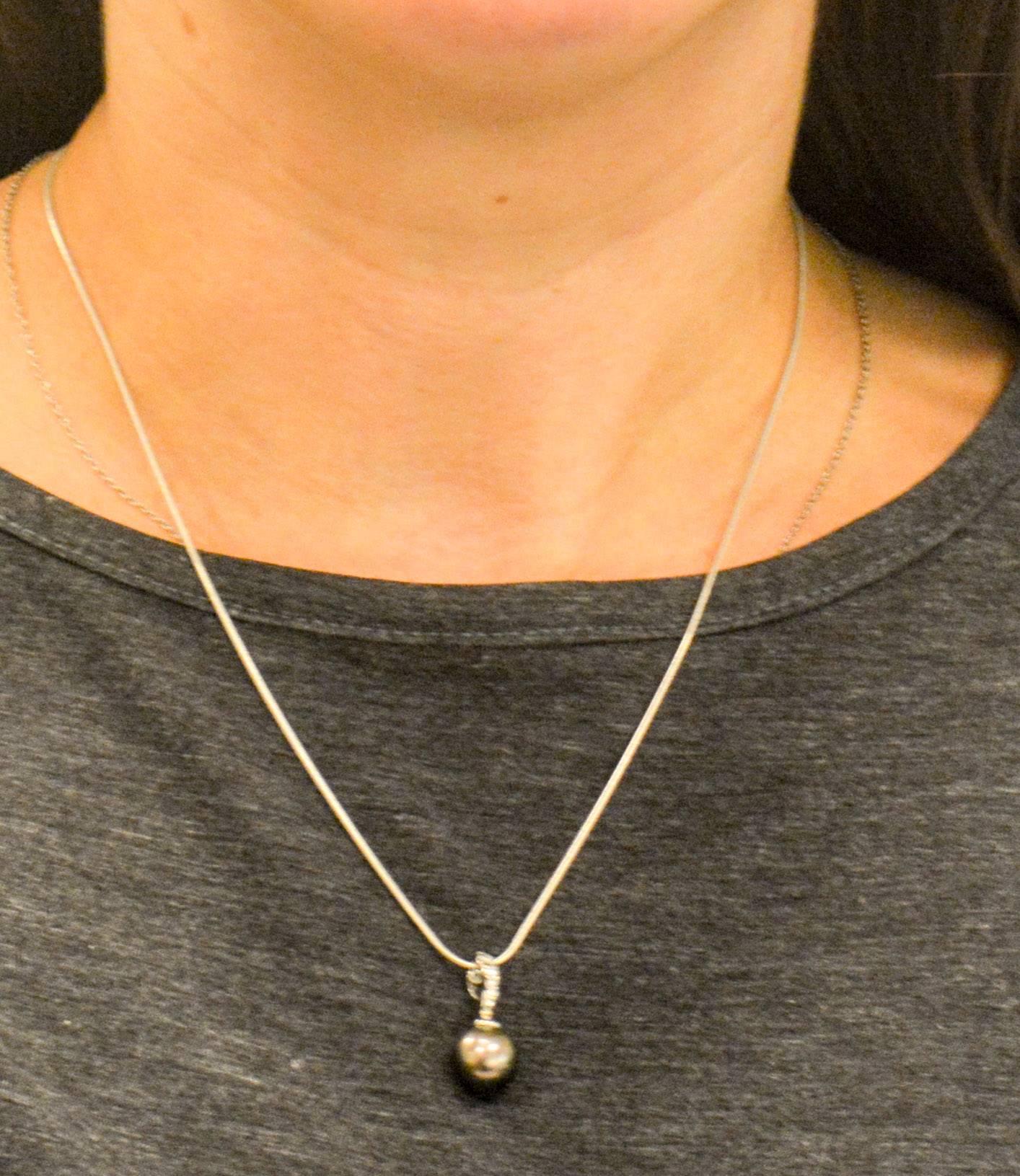 Classic Cultured Black Pearl Drop Pendant and White Gold Snake Chain 3
