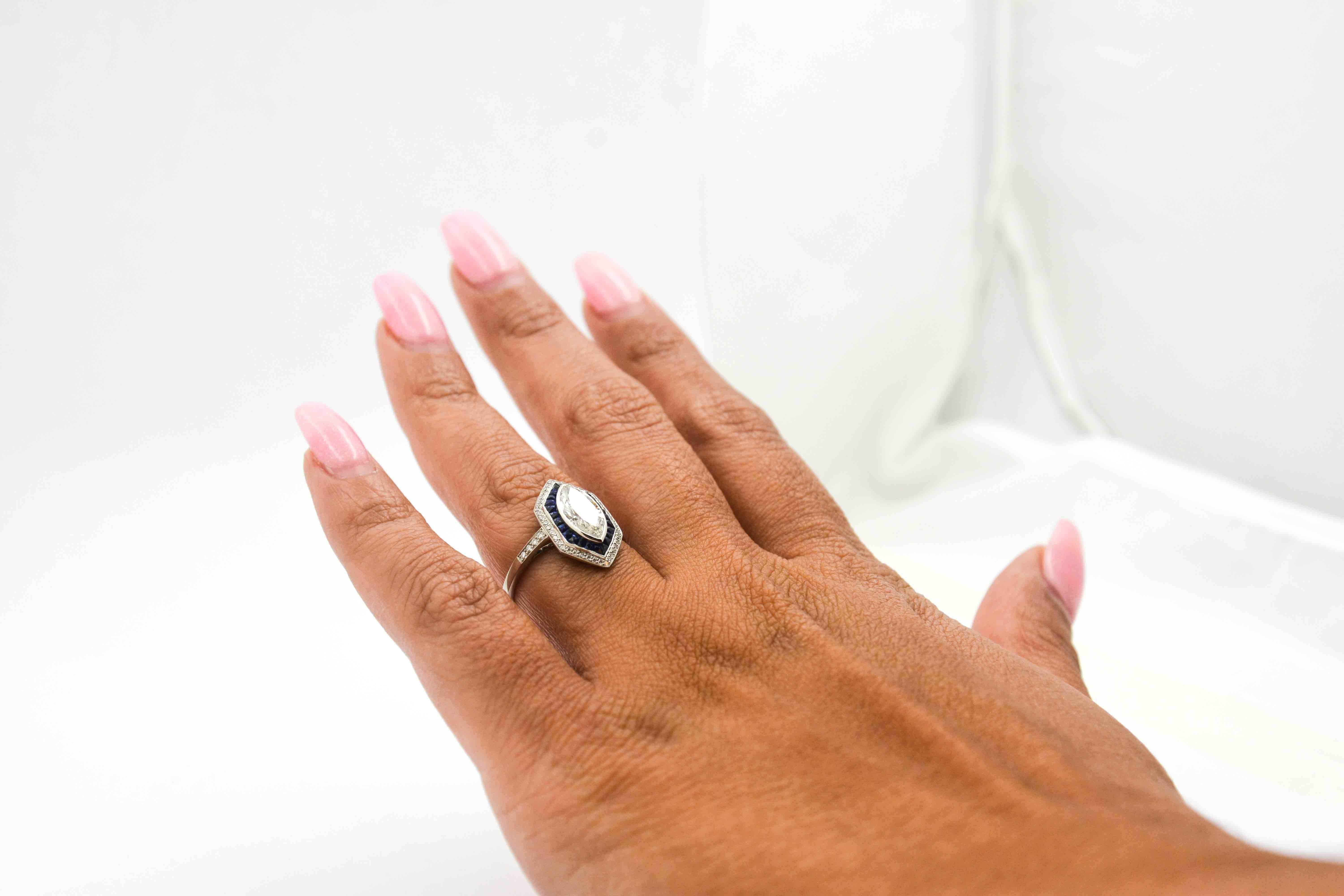 Modern Sapphire 1.22 carat Diamond Platinum  Engagement Art Deco Style Ring  6