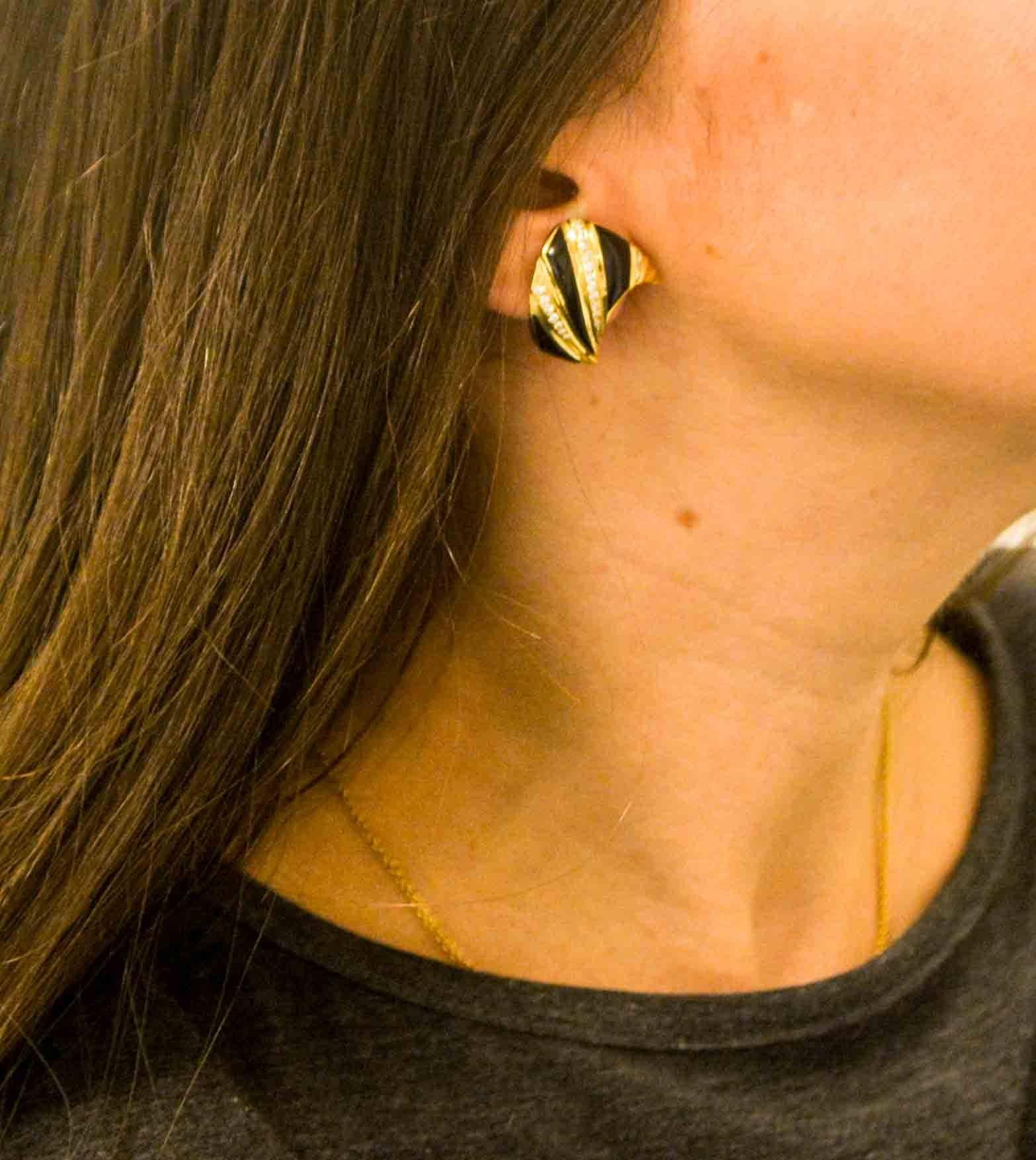 Black Onyx Diamond and Yellow Gold Clip Earrings 5