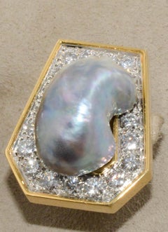 David Webb 18 Karat Gold and Platinum Baroque Pearls and Diamond Stud Ears