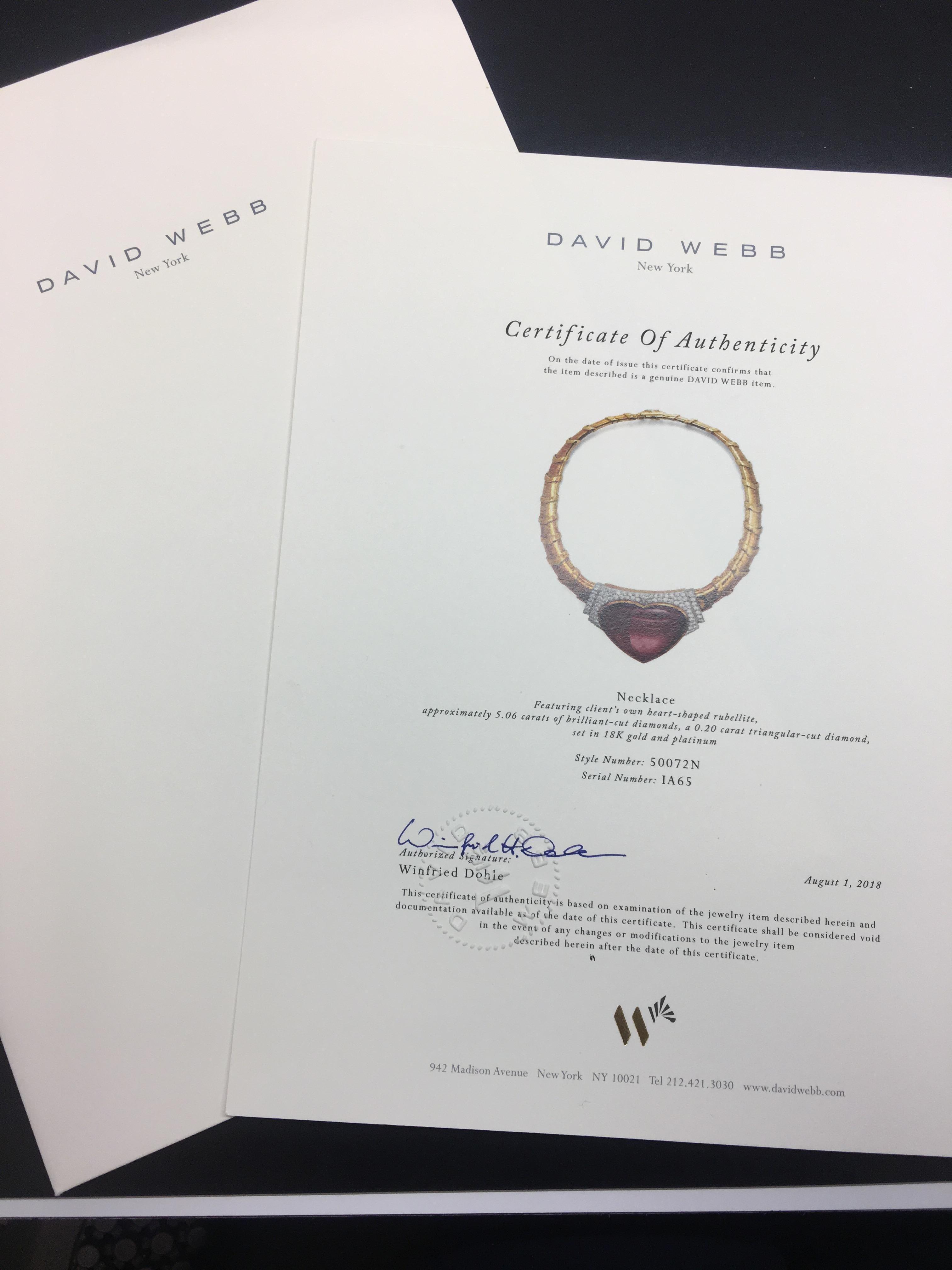 Women's David Webb 18 Karat Gold and Platinum Heart Rubellite with Diamonds Necklace