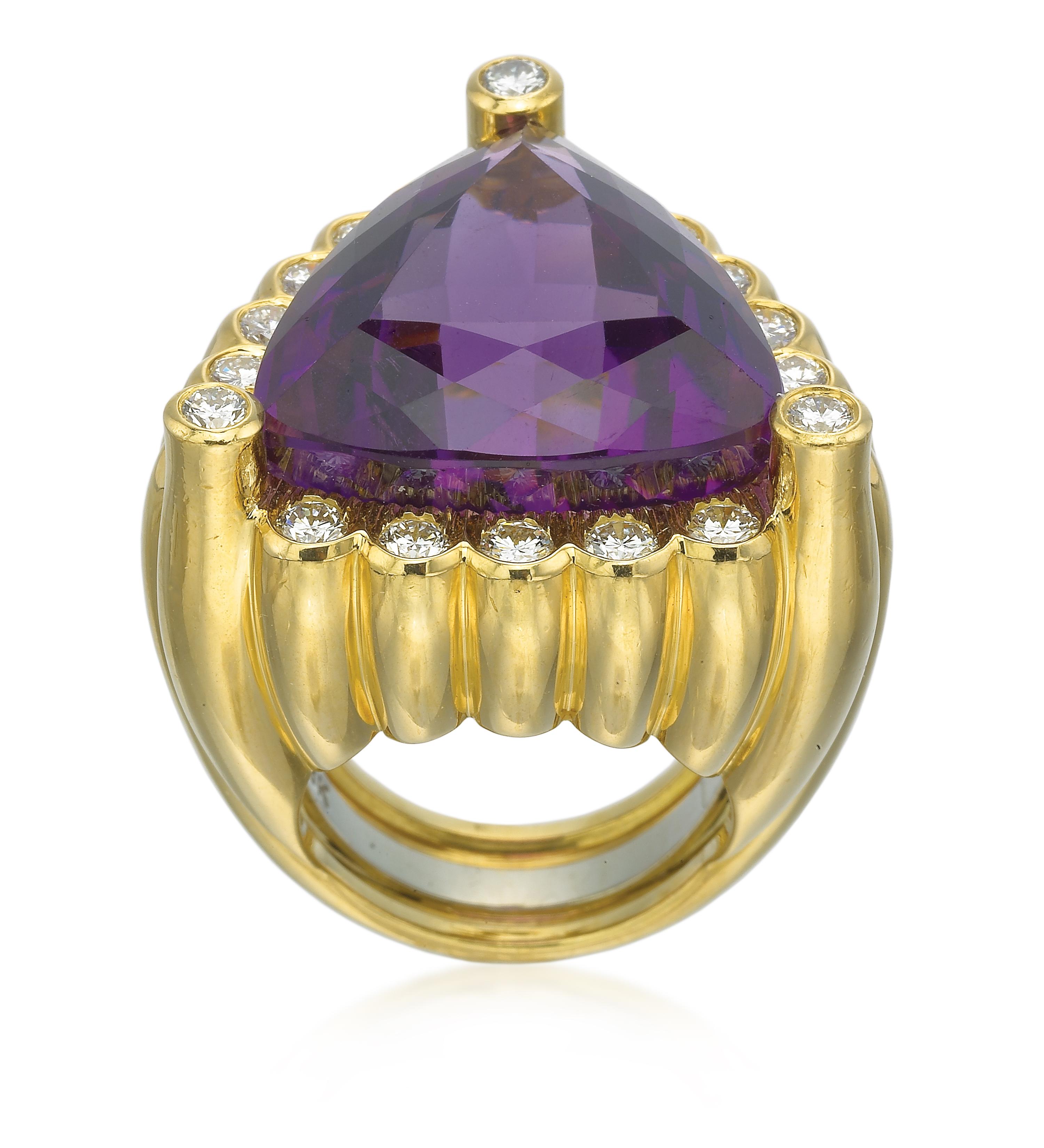 Exclusively from our  Estate collection, comes an original dynamic ring from David Webb. David Webb is the quintessential American jeweler of exceedingly modern jewelry. Driven by art, design and bold pieces this Amethyst ring embodies David Webb’s