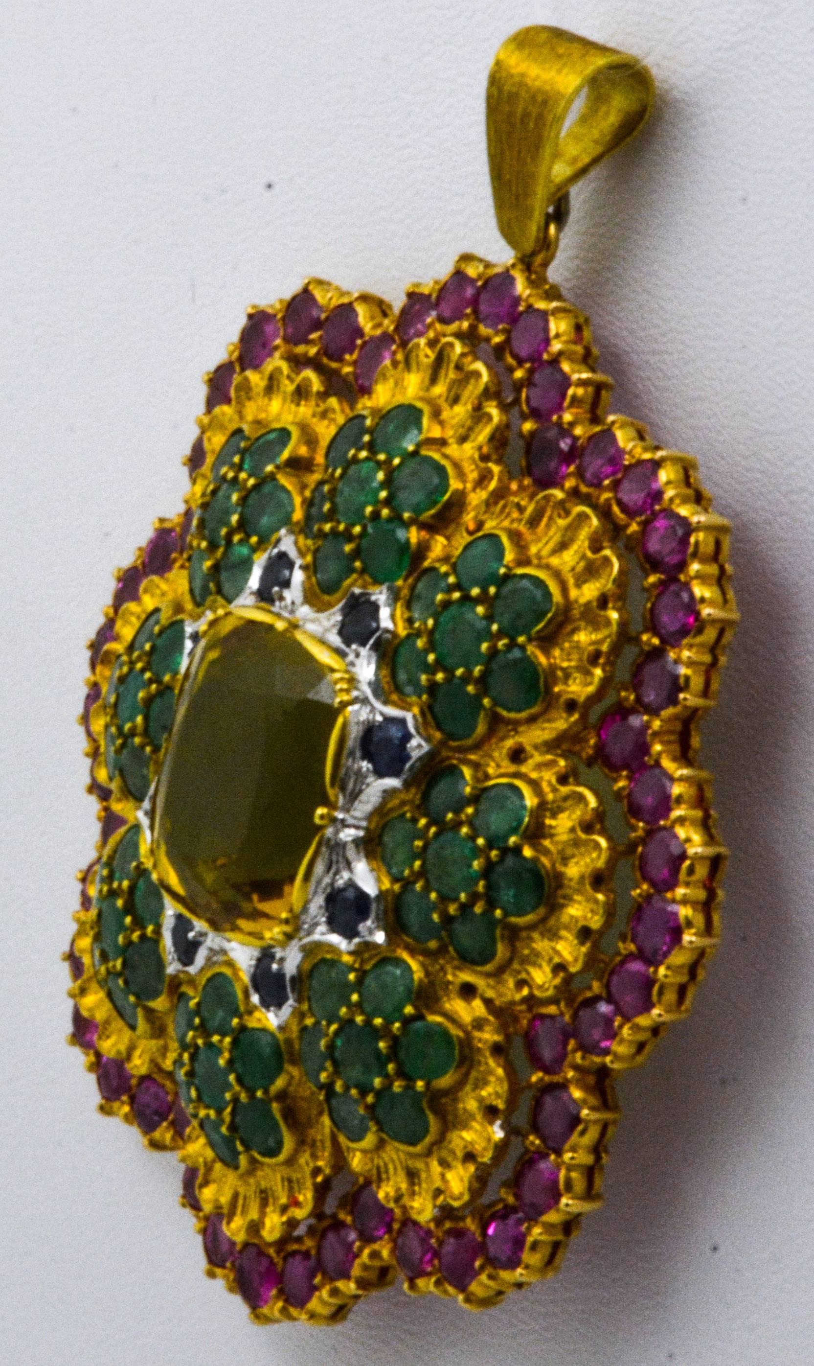 Buccellati Multi-Color Gemstone Floral Pendant and Brooch In Excellent Condition In Dallas, TX