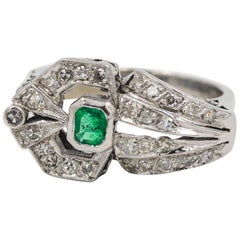 Antique Emerald and Diamond Palladium Fashion Ring