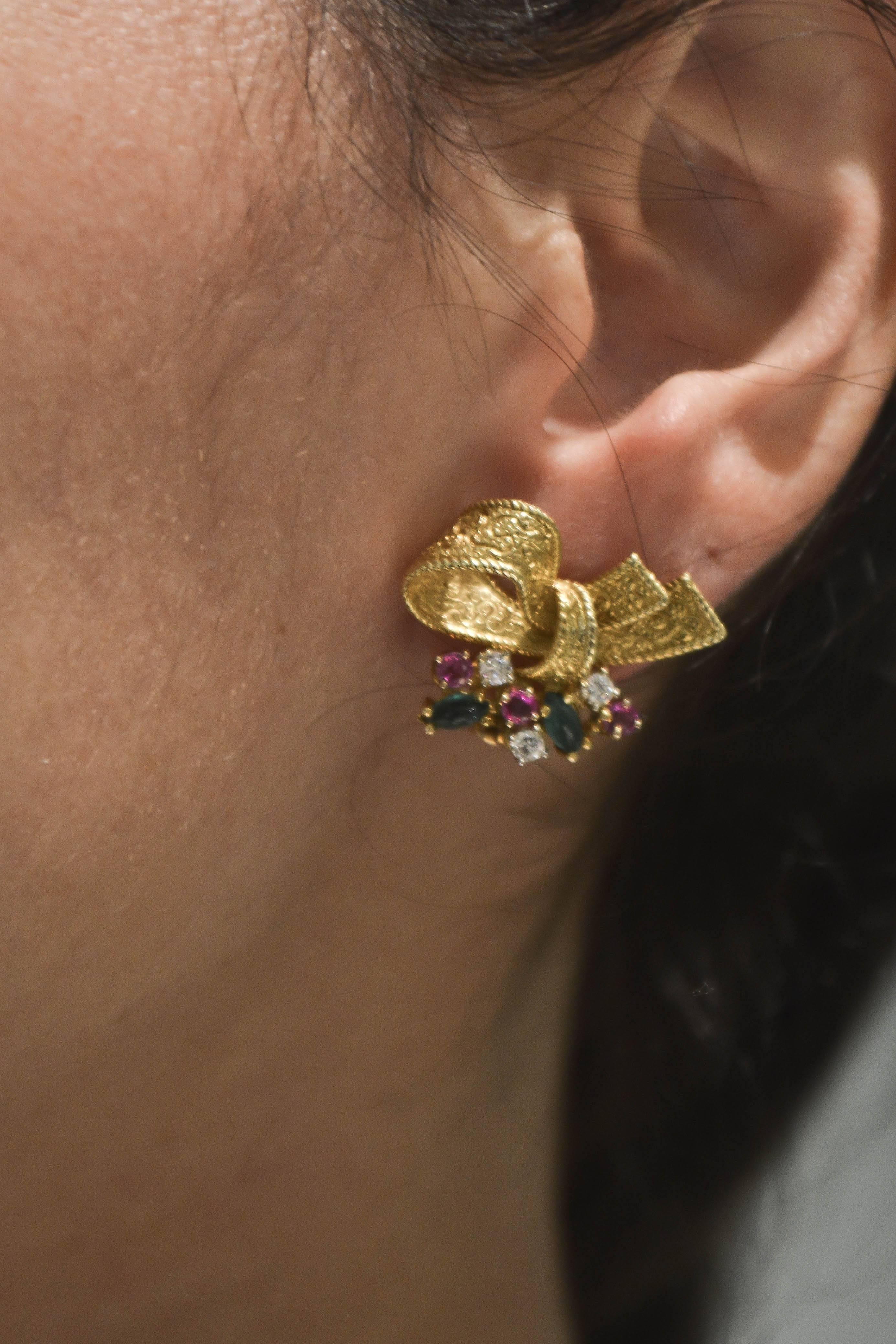 Round Cut Ruby Emerald Diamond Gold Ribbon Clip On Earrings