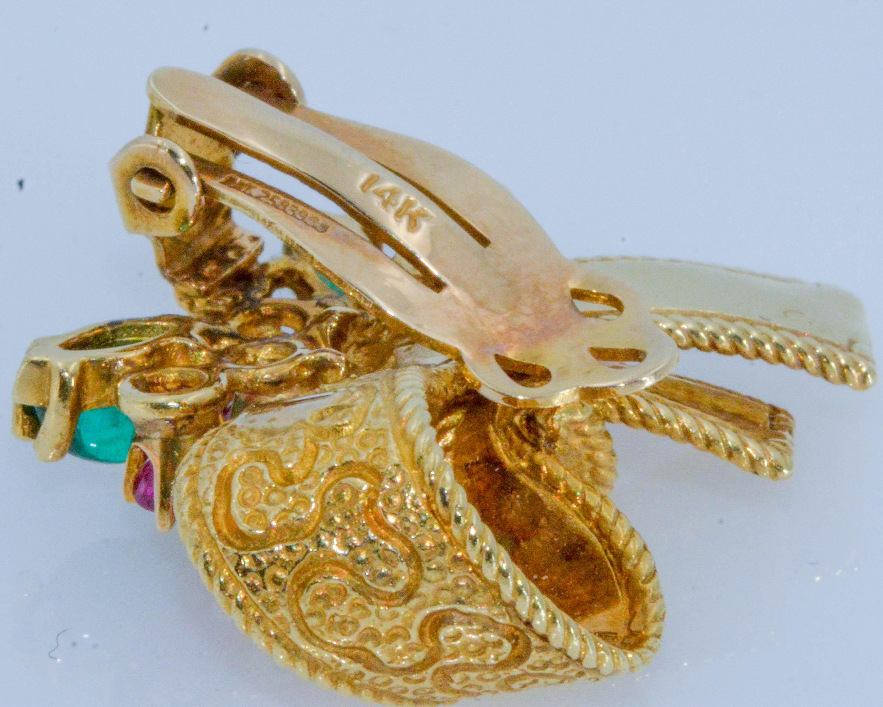 Ruby Emerald Diamond Gold Ribbon Clip On Earrings 1