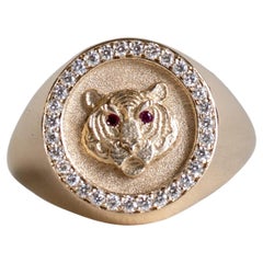 14k Gold Tiger Diamond Signet Ring With Ruby Eyes