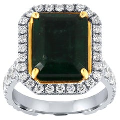 18K White & Yellow Gold GIA Certified 6.83 Carat Green Emerald Halo Diamond Ring