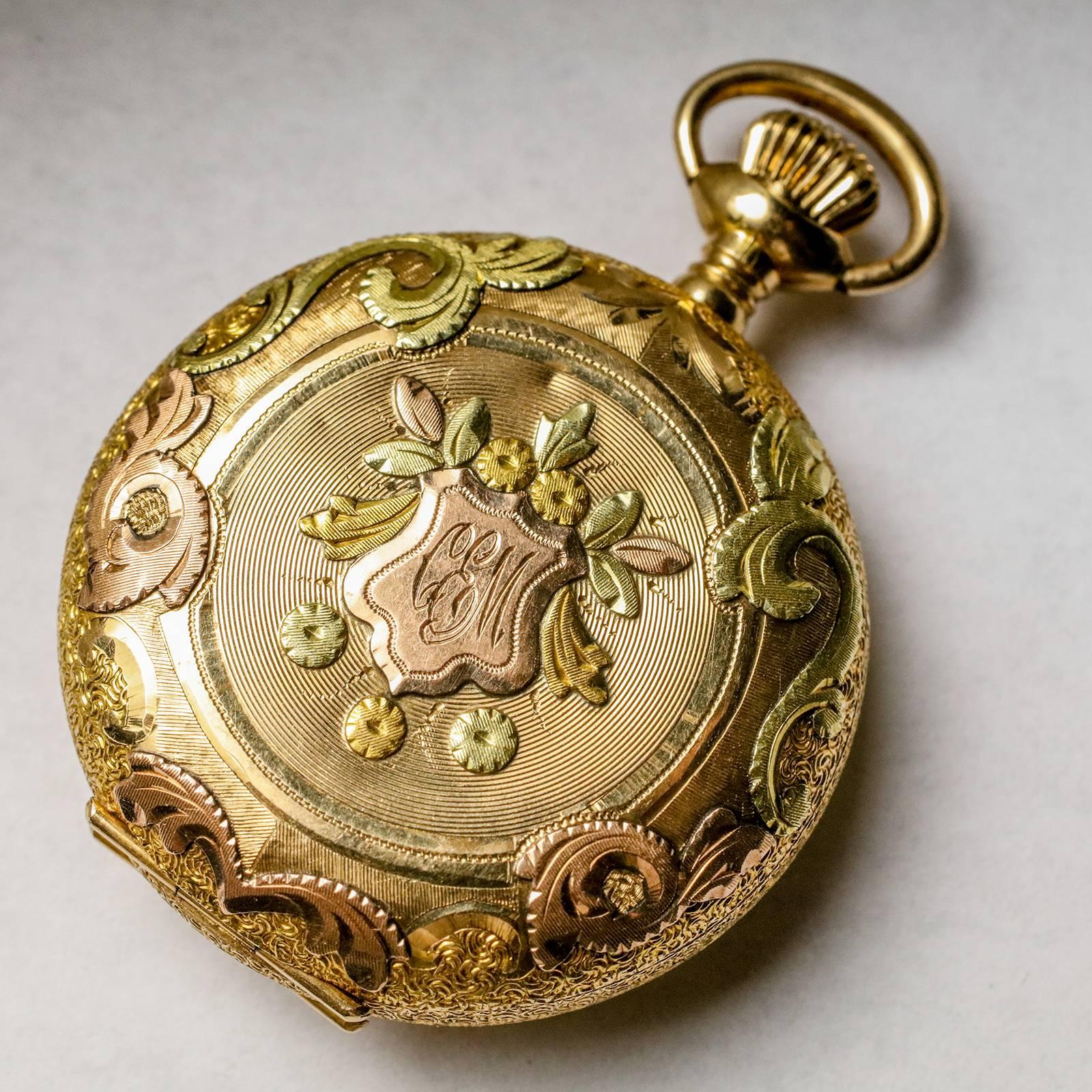 Waltham Multicolor Gold Pocket Watch In Excellent Condition In New York, NY