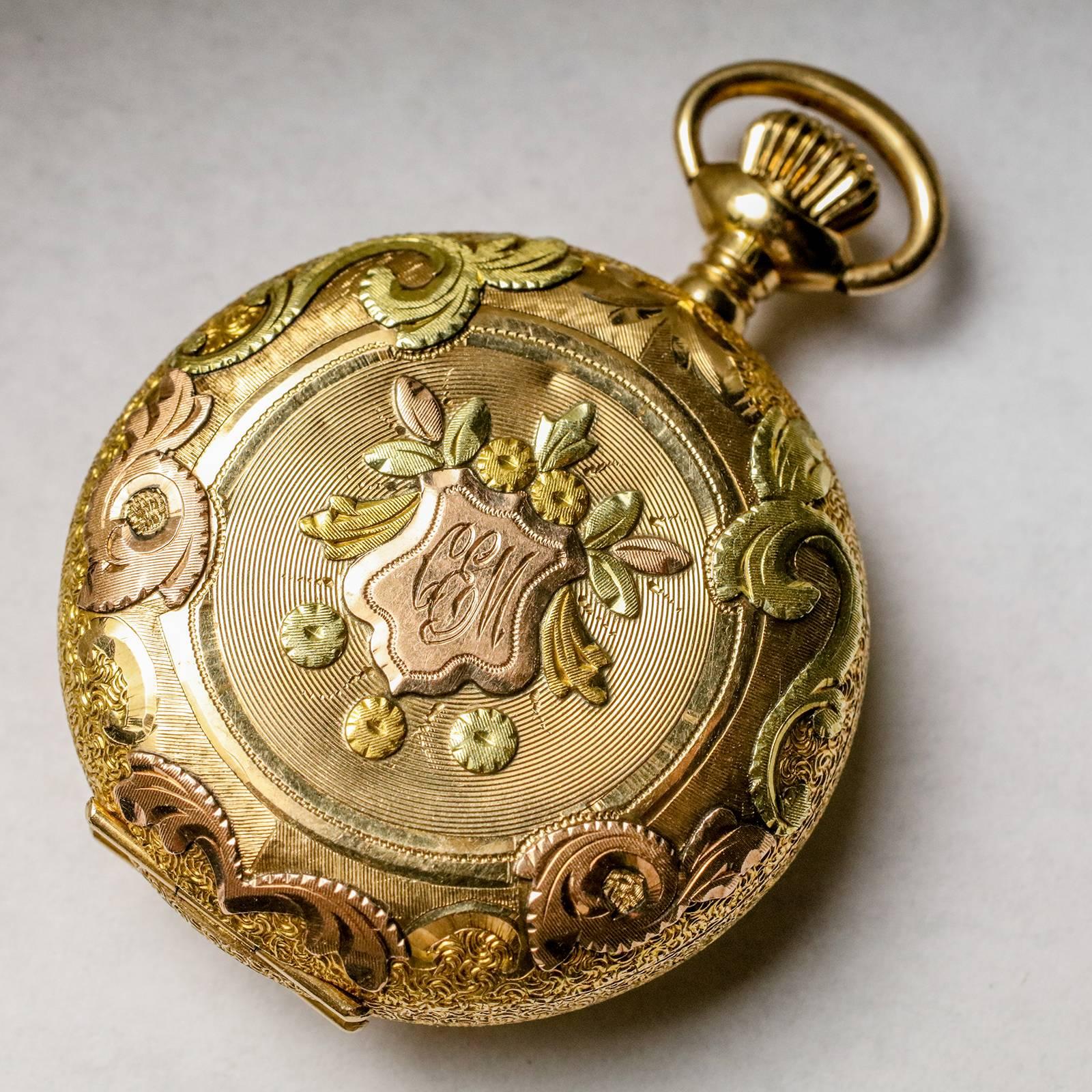 Waltham Multicolor Gold Pocket Watch In Excellent Condition For Sale In New York, NY