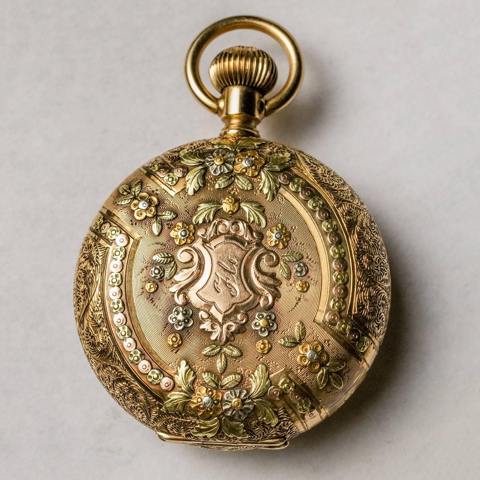 Hampden Multi-Color Gold Large Antique Pocket Watch In Excellent Condition In New York, NY