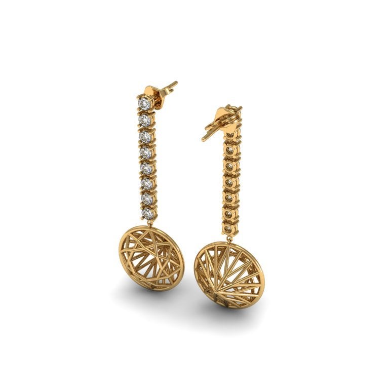A dazzling pair of drop earrings that juxtapose bold geometric patterns with a sophisticated row of sparkling precious gems. This unexpected pairing makes for a very edgy and modern look.