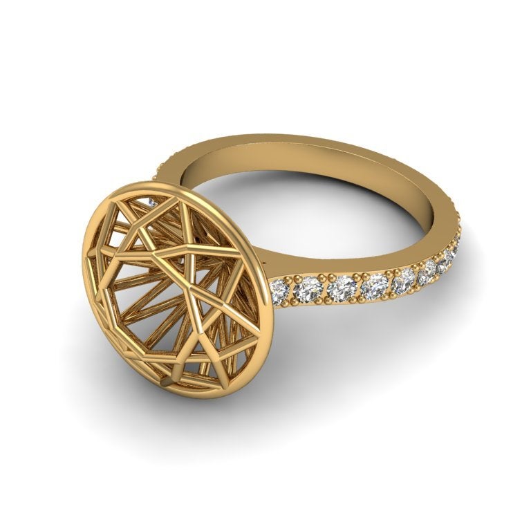 A dazzling ring that juxtaposes bold geometric patterns with a sophisticated band of sparkling precious gems. This unexpected pairing turns traditional jewellery design upside down making for a very edgy and modern look.