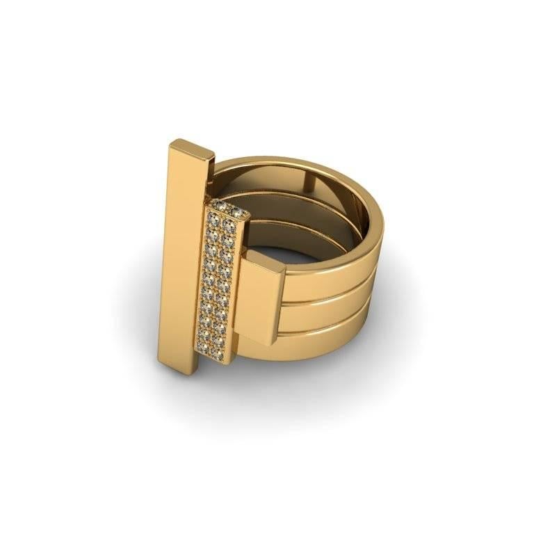 This is a bold and edgy ring – ideal for the type of woman who is not afraid to buck trends or make a statement. The message is modern, but there is also a beauty about the symmetry between the three bands and the three vertical rows