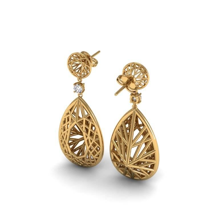 A statement pair of tear-drop earrings that adapt geometric patterns as they appear in nature into an intriguing scaffolding. The single precious gem breaks up the complexity of the piece creating a very bold and confident atmosphere.