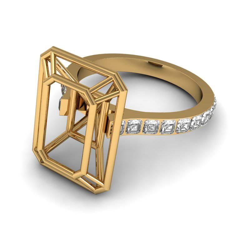 A dazzling ring that juxtaposes bold geometric patterns with a sophisticated band of sparkling precious gems. This unexpected pairing turns traditional jewellery design upside down making for a very edgy and modern look.