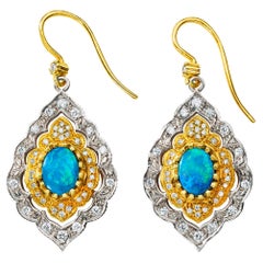 18 Karat Yellow Gold and Black Opal Diamond Earring Suneera