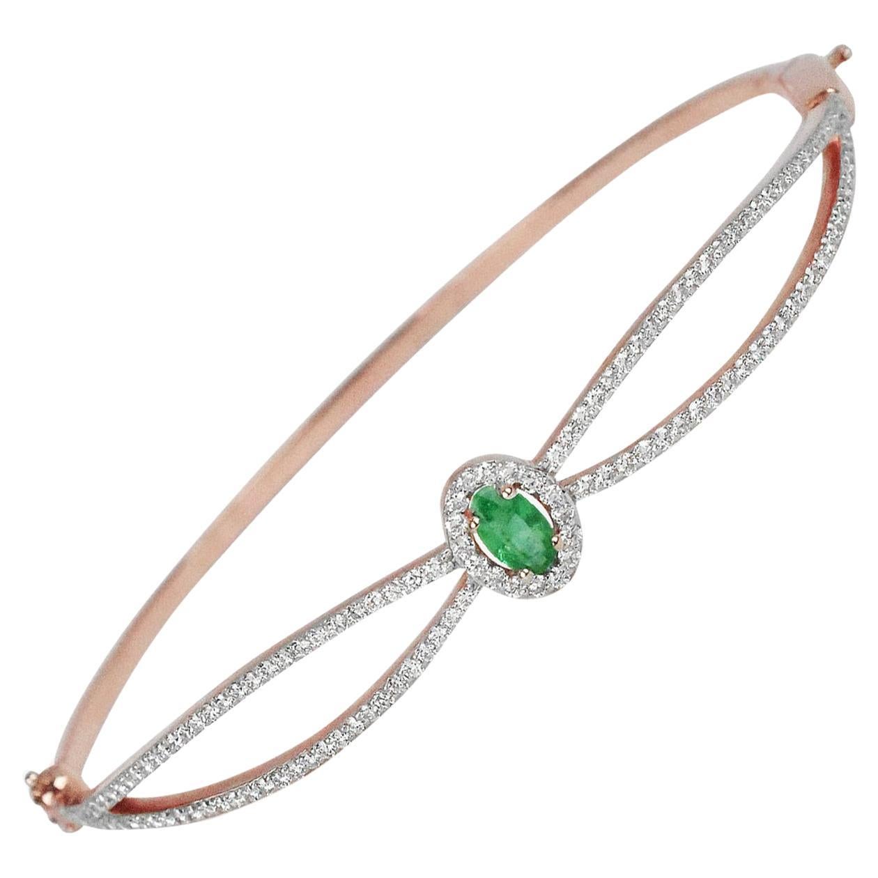 18karat Gold Rose Gold Emerald Oval Diamond Pave Bangle Bracelet For Sale