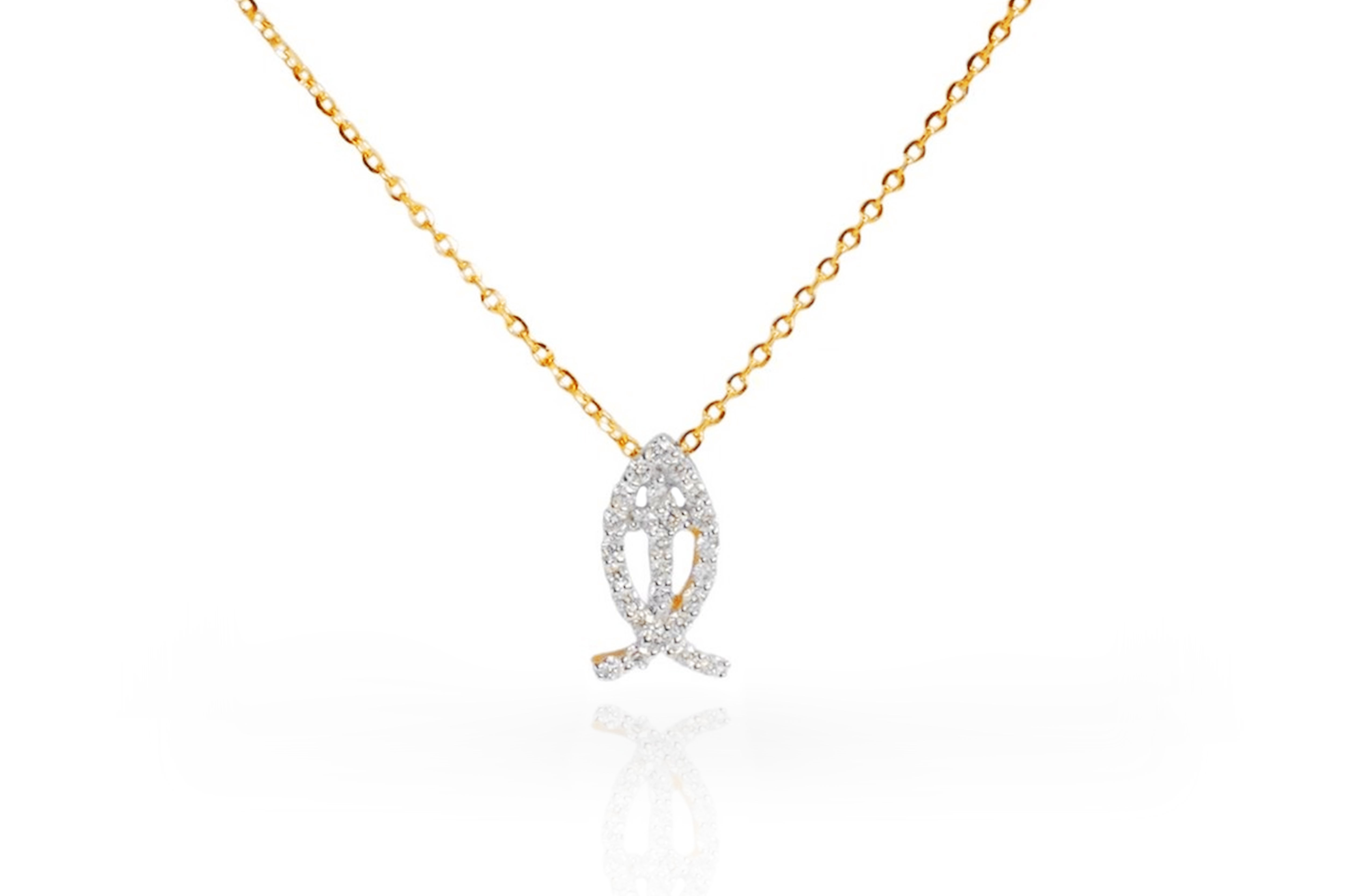 18k Gold Diamond Fish Cross Necklace Christian Necklace Religious Necklace For Sale