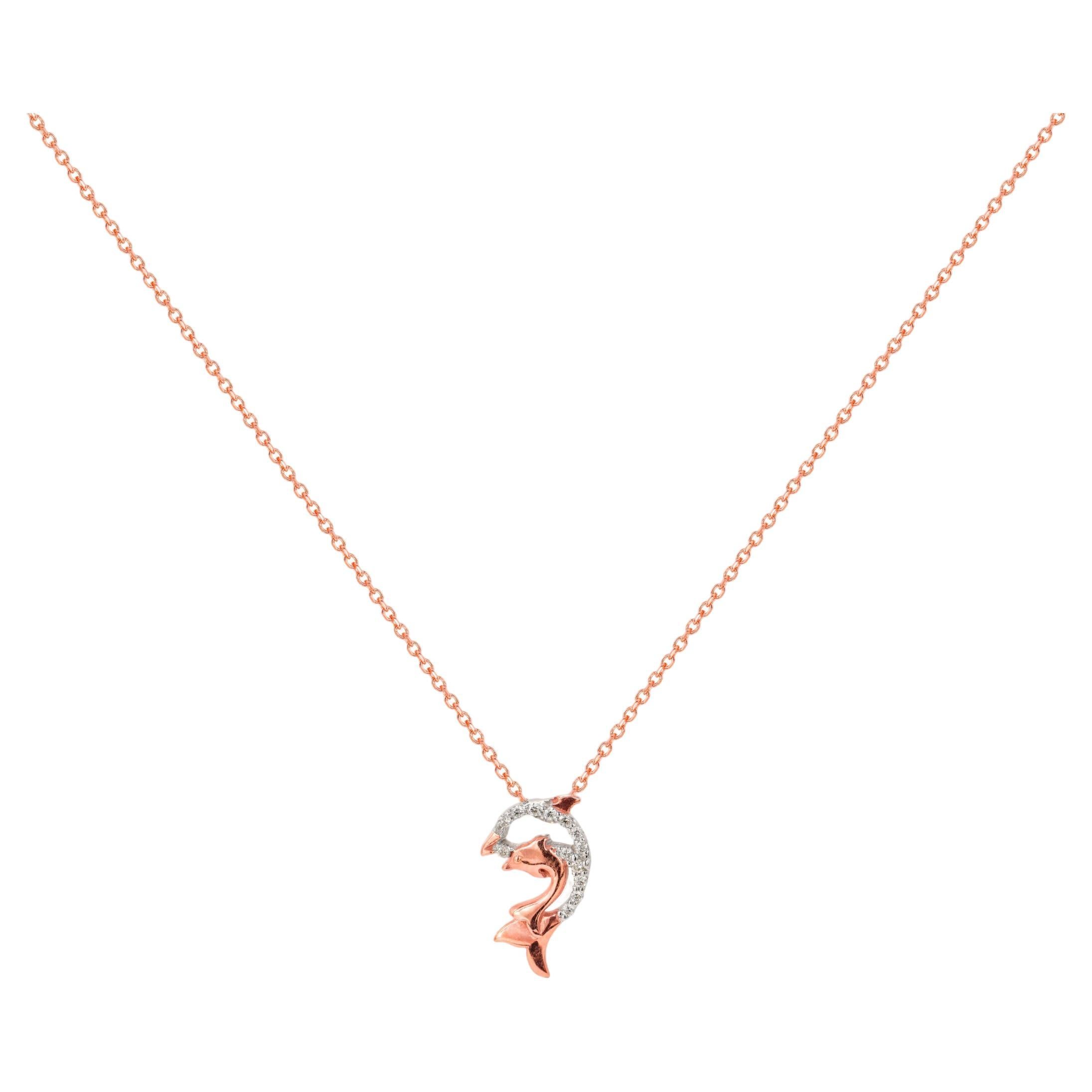 18k Gold Two-Tone Diamond Fish Necklace Ocean Dolphin Charm Pendant