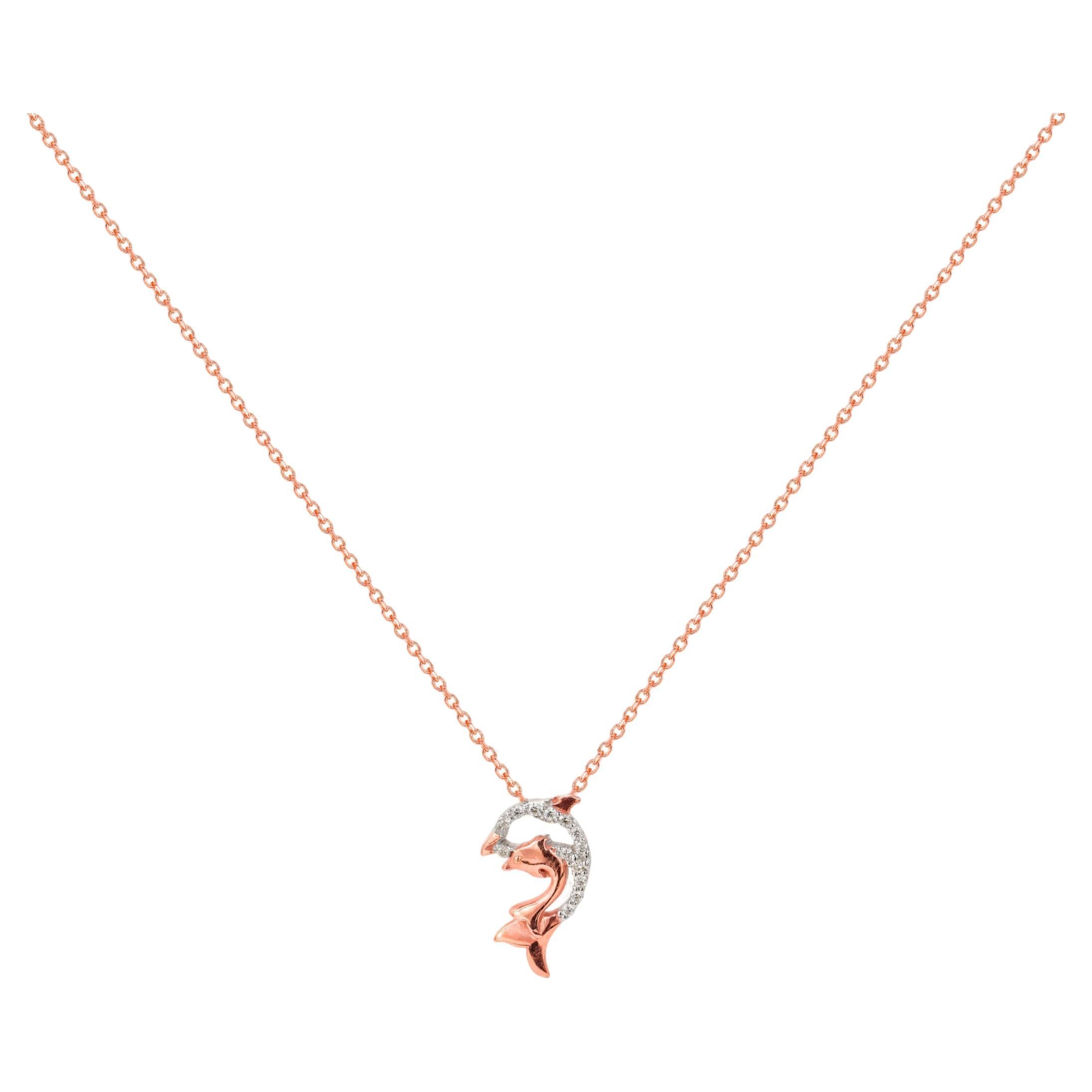 14k Gold Two-Tone Diamond Fish Necklace Ocean Dolphin Charm Pendant