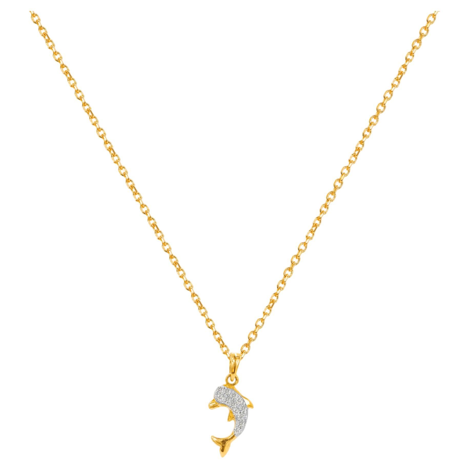 Collier de dauphins en or 18 carats avec diamants et breloque « Sea Life » en forme de dauphin