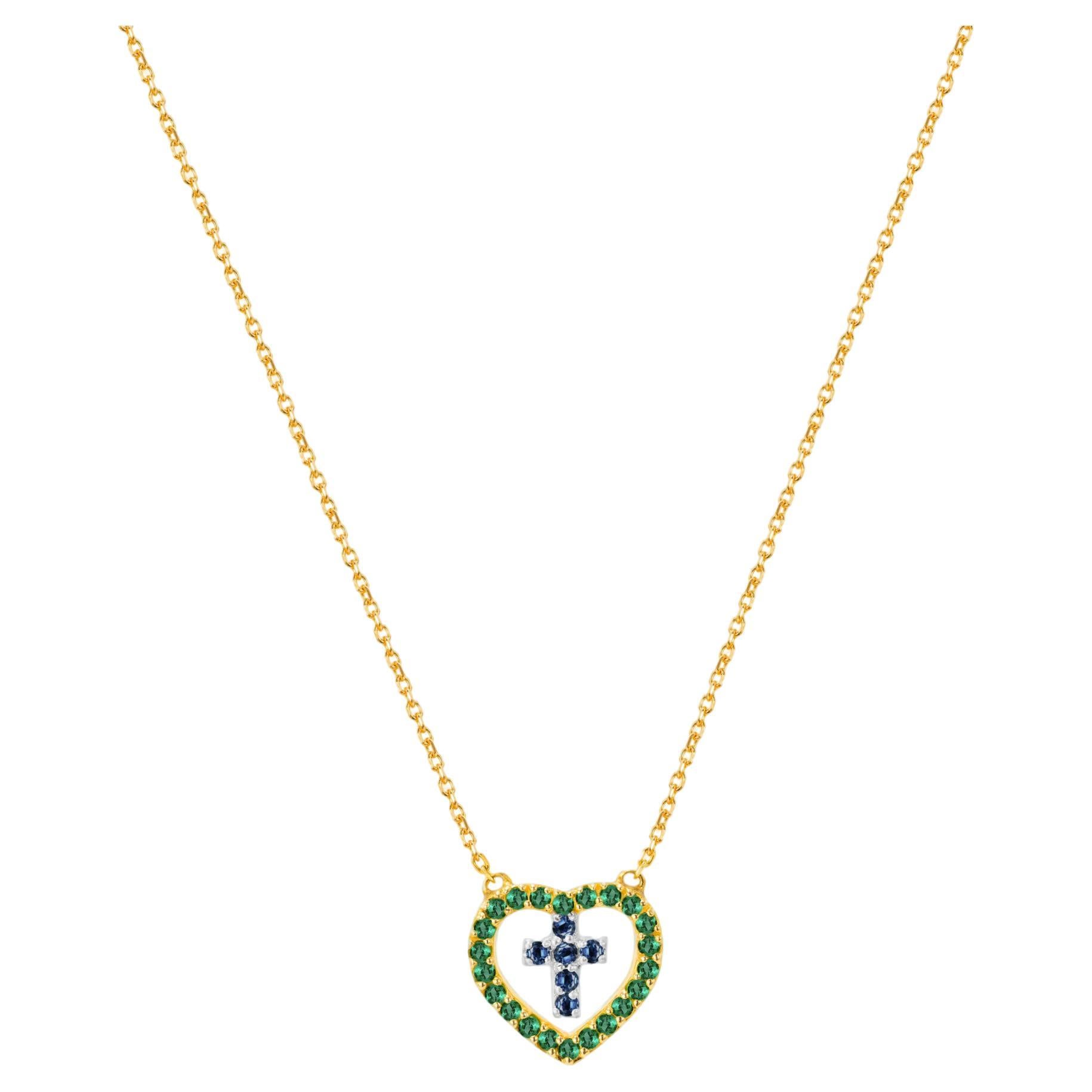 18k Gold Genuine Emerald and Blue Sapphire Necklace Cross in Heart Necklace For Sale