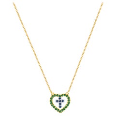 18k Gold Genuine Emerald and Blue Sapphire Necklace Cross in Heart Necklace