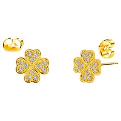 18k Gold Floral Stud Diamond Clover Stud Earrings Clover Leaf Stud