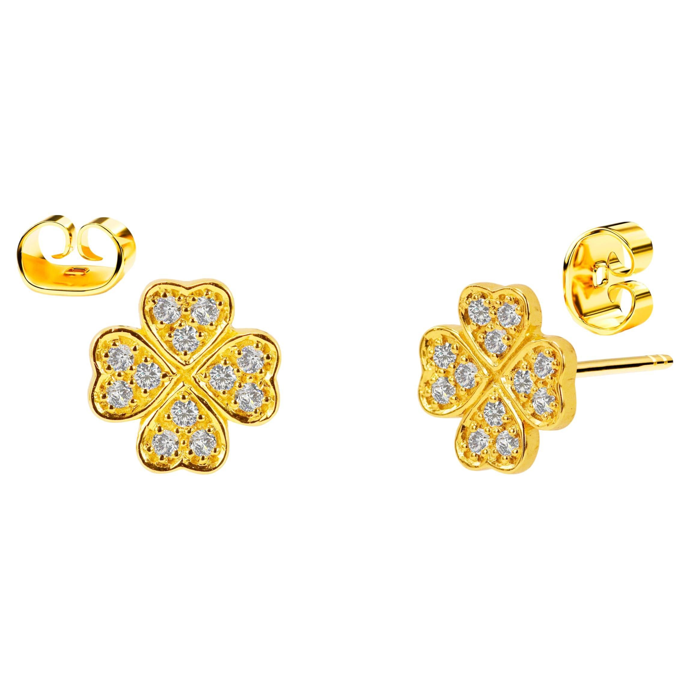 14k Gold Floral Stud Diamond Clover Stud Earrings Clover Leaf Stud