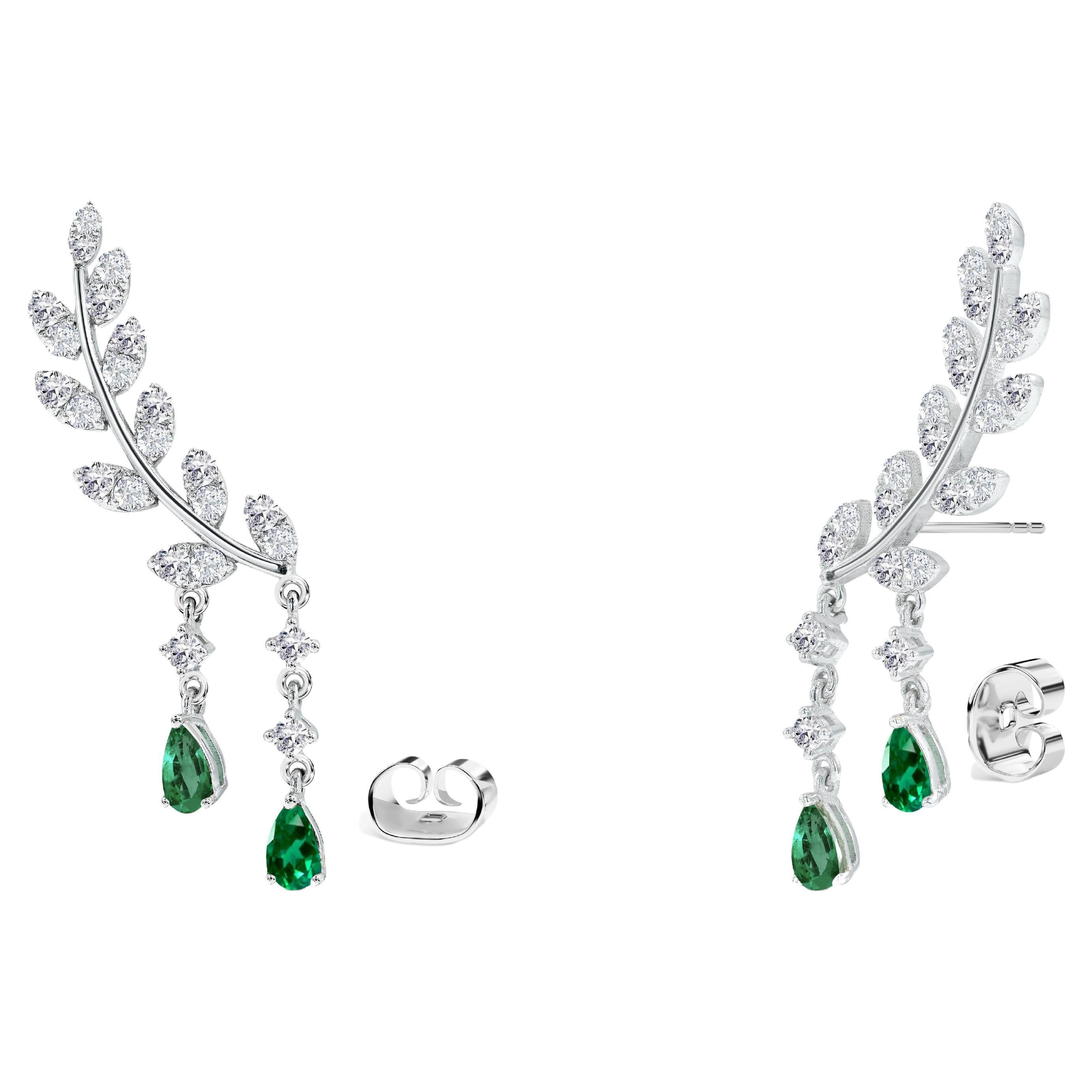2.25ct Diamond And Emerald Leaf Drop Earrings In 18k Gold Round Cut Diamond For Sale