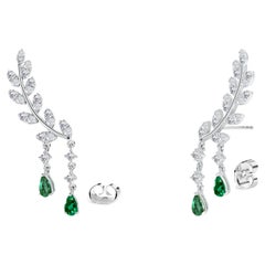 2.25ct Diamond And Emerald Leaf Drop Earrings In 18k Gold Round Cut Diamond