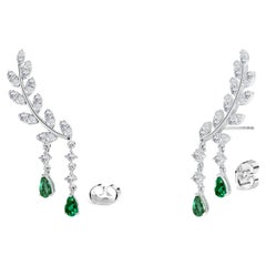 2.25ct Diamond And Emerald Leaf Drop Earrings In 14k Gold Round Cut Diamond