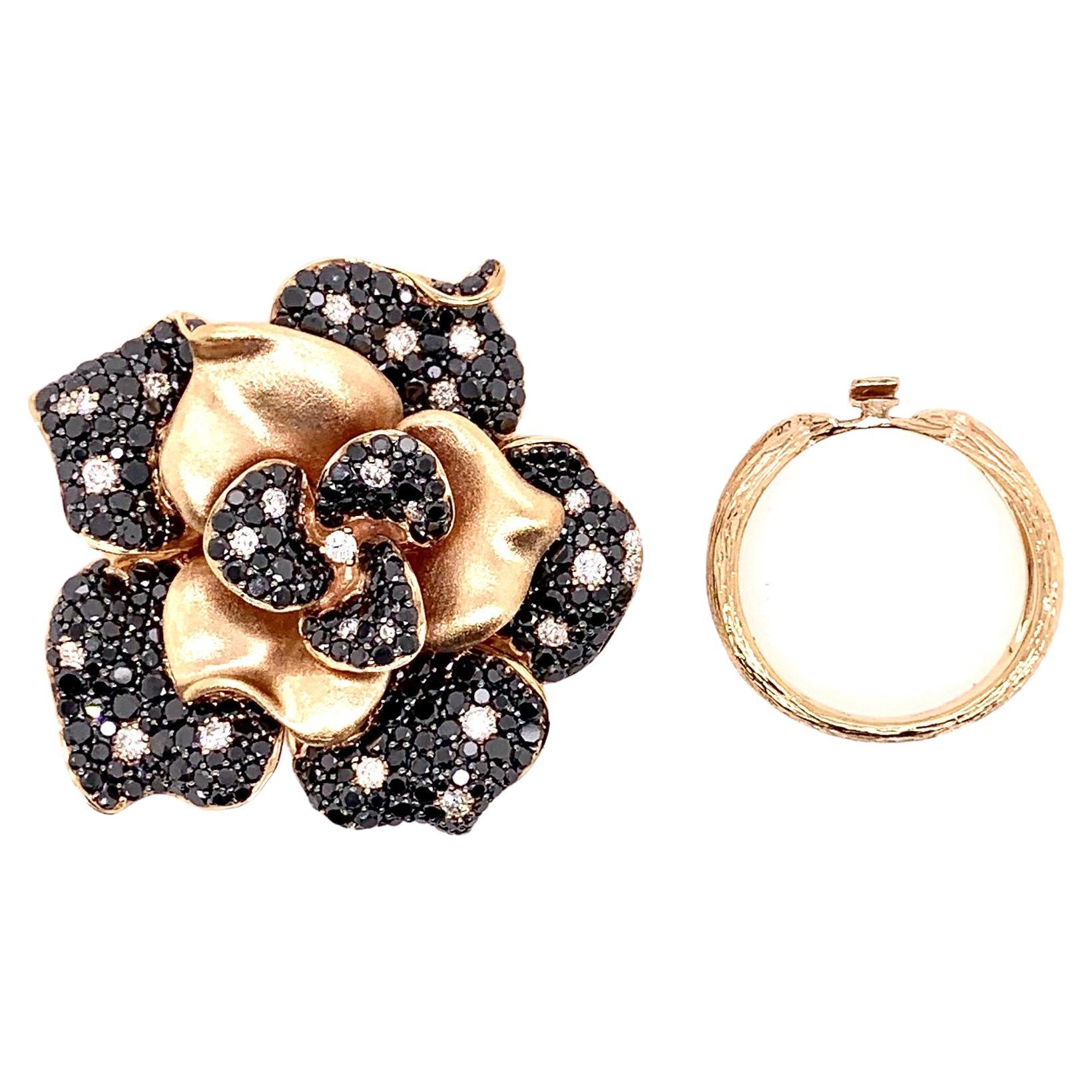 Round Cut 18k Rose Gold Black and White Diamond Flower Cocktail Ring and Pendant For Sale