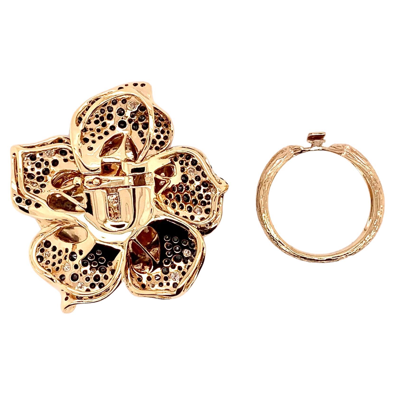 18k Rose Gold Black and White Diamond Flower Cocktail Ring and Pendant In New Condition For Sale In Carrollton, TX