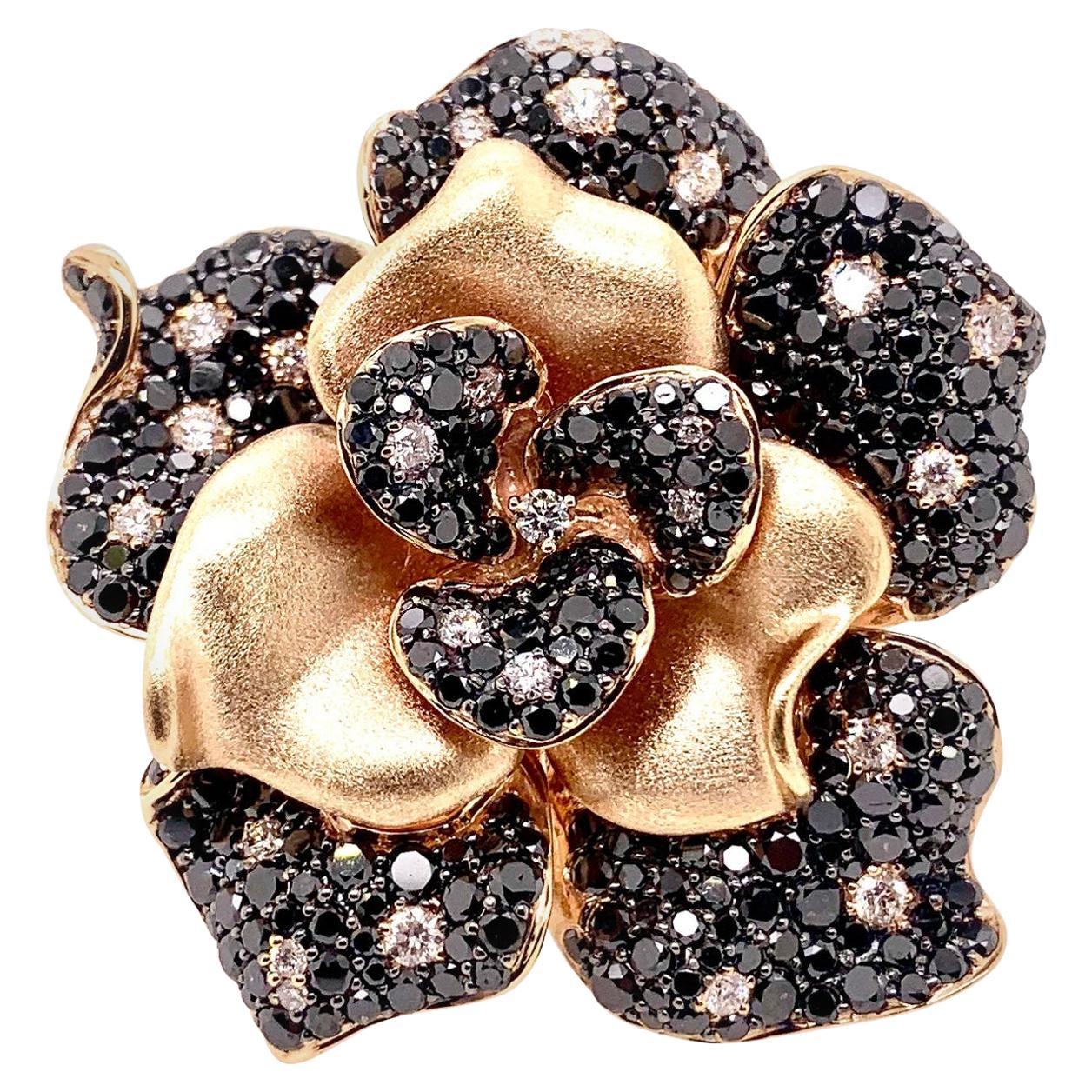 18k Rose Gold Black and White Diamond Flower Cocktail Ring and Pendant For Sale