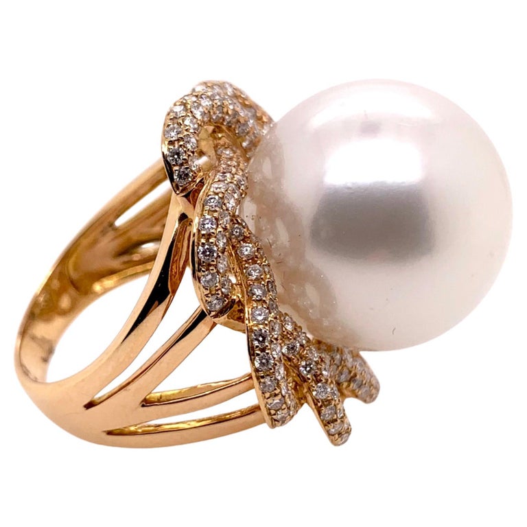 Gigantic White South Sea Pearl Ring with Diamonds in 18k Rose Gold For ...
