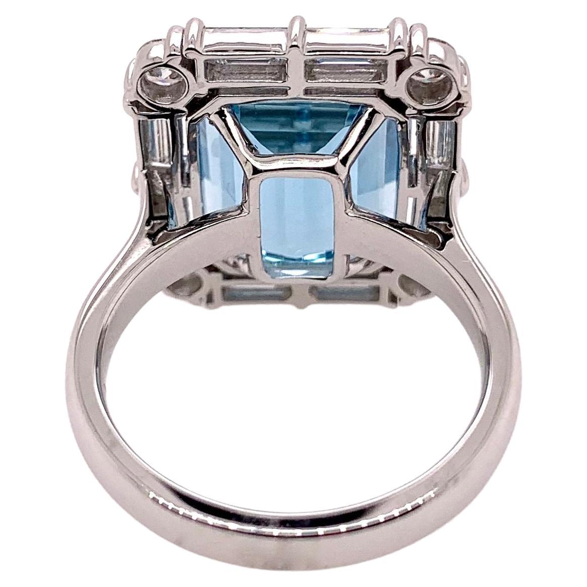 Emerald Cut Platinum Aquamarine Diamond Cocktail Ring For Sale