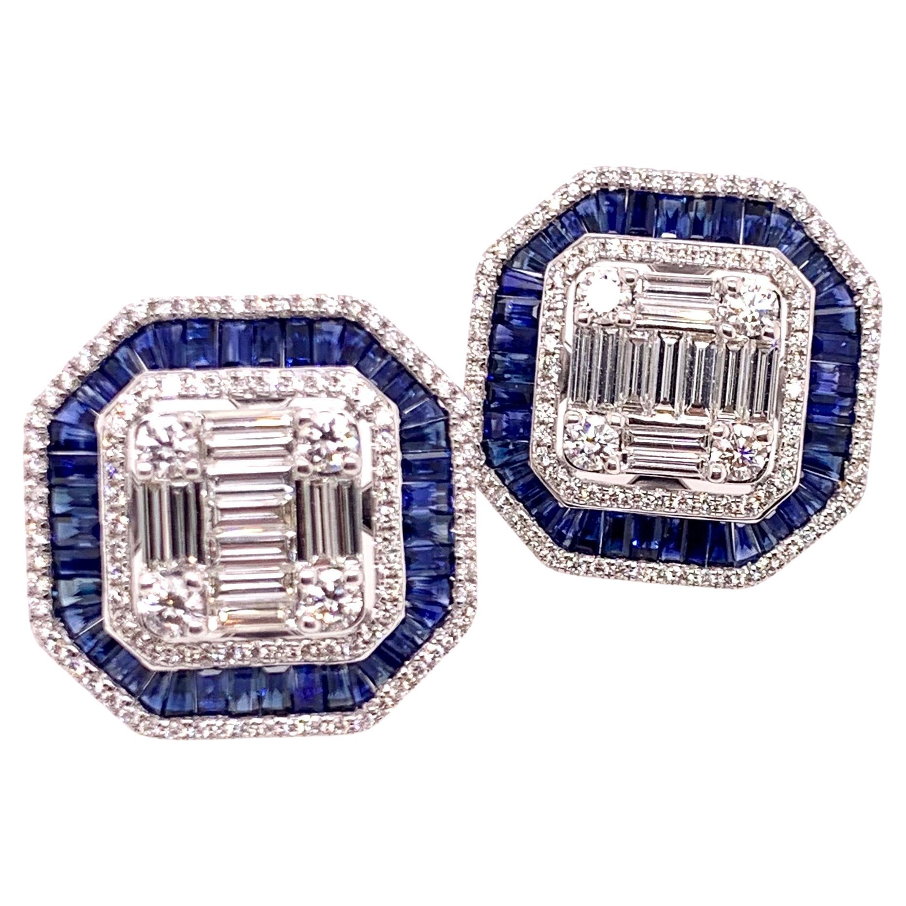This is a stunning pair of blue sapphire and diamond earrings that has a subtle vintage appeal.  It is carefully crafted with round brilliant and baguette diamonds that form the foundation of the earring while the blue sapphire is carefully placed