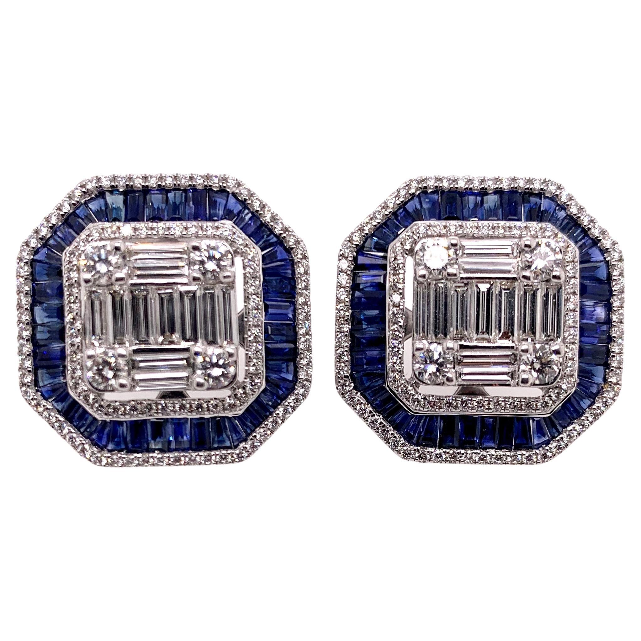 18K White Gold Sapphire and Diamond Vintage Style Earrings