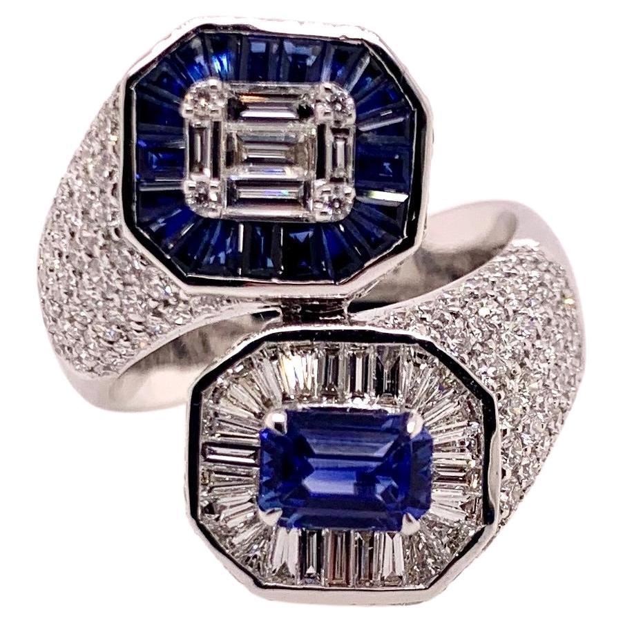 18k White Gold Sapphire & Diamond Bypass Style Ring For Sale